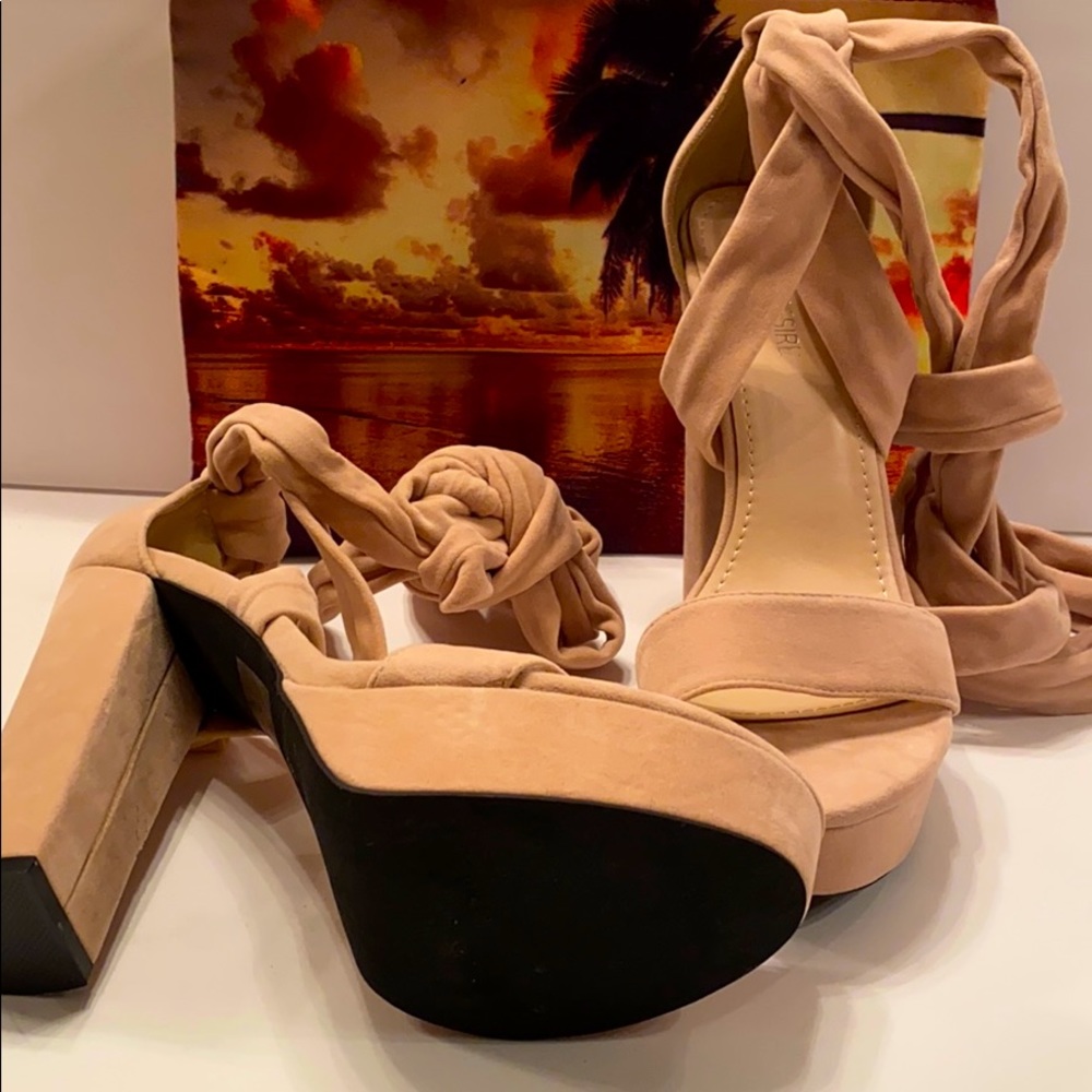 SOLD Public Desire Nude Faux Suede tie up the leg heels